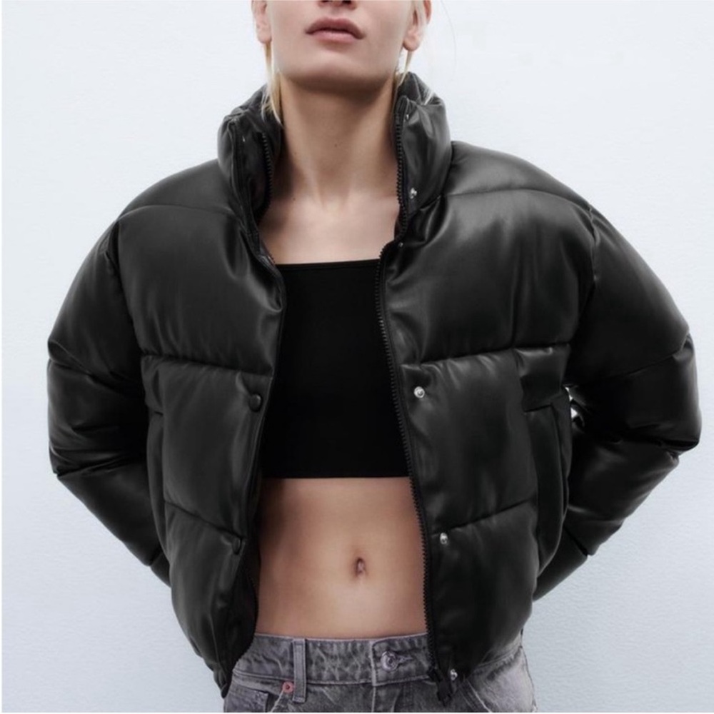 Zara Black leather Puffer Jacket